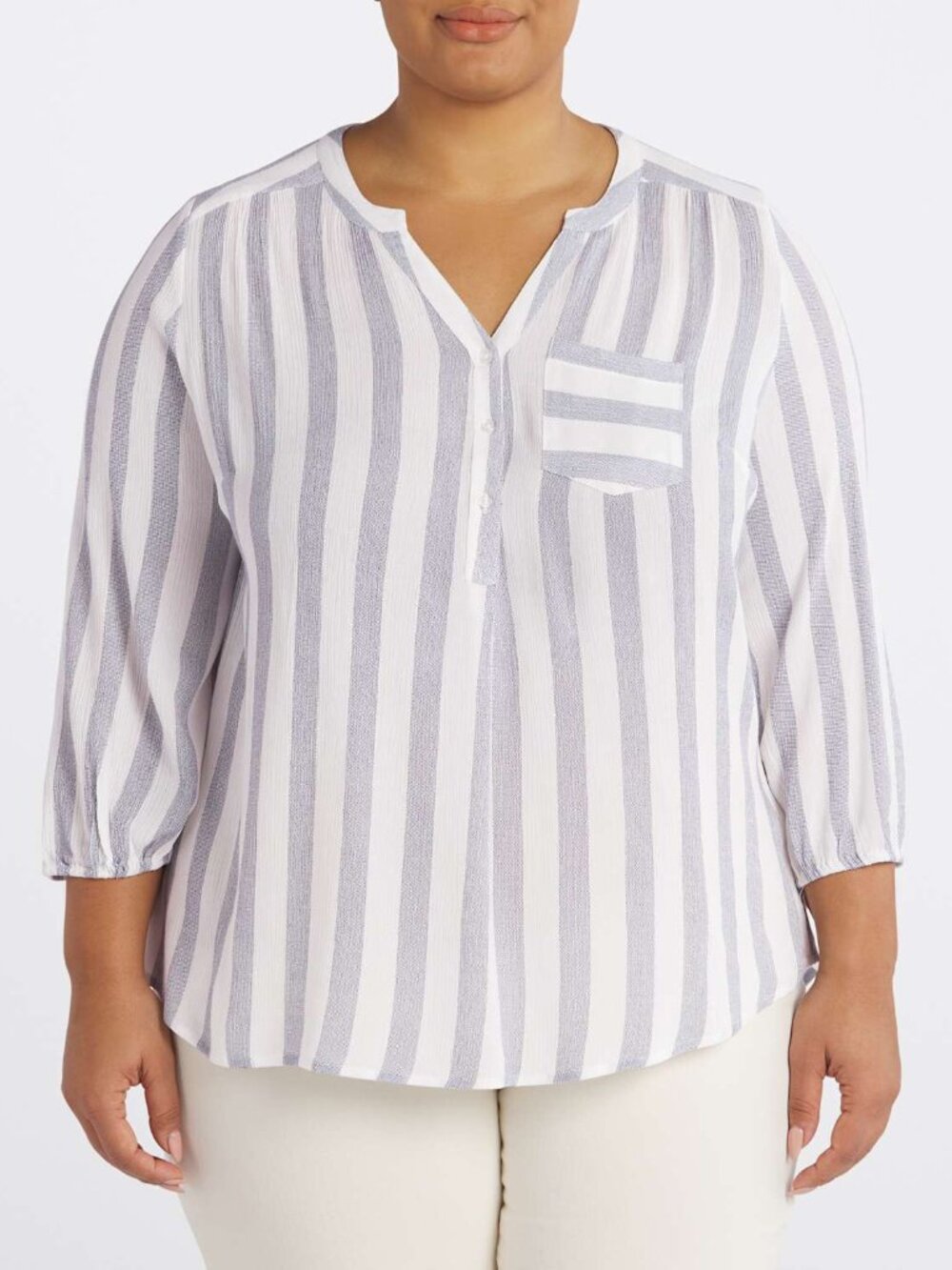 Market & Spruce Prat Henley 3/4 Sleeve Blouse Blue Plus 2X